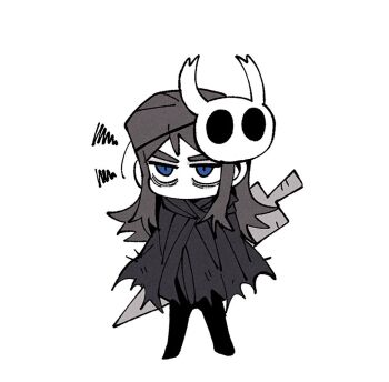 1boy abaddon_(haunted_hotel) blue_eyes chibi cloak commentary_request cosplay haunted_hotel hollow_knight insidej043 knight_(hollow_knight) knight_(hollow_knight)_(cosplay) korean_commentary long_hair male_focus mask mask_on_head simple_background solo spot_color standing sword sword_on_back weapon weapon_on_back white_background