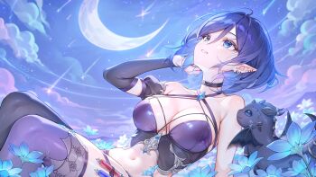1girl alllisso blue_eyes blue_hair breasts choker cleavage dragon elf fantasy flower gloves hair_ornament highres jewelry moon night original pointy_ears short_hair sky thighhighs