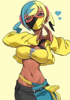 1girl absurdres aqua_hair bandeau black_mask blonde_hair blush breasts canari_(pokemon) center-flap_bangs criss-cross_halter halterneck highres jacket mask midriff mouth_mask multicolored_hair n_k_m navel nintendo pokemon pokemon_legends:_z-a raised_eyebrows short_twintails solo split-color_hair twintails two-tone_mask yellow_bandeau yellow_jacket yellow_mask