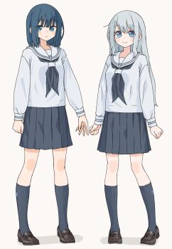 Rule 34 | 2girls, absurdres, black skirt, blue eyes, blue hair, blush, closed mouth, commentary request, full body, hair between eyes, highres, holding hands, kneehighs, kopaka (karda nui), loafers, long hair, long sleeves, looking at viewer, multiple girls, neckerchief, original, pleated skirt, sailor collar, school uniform, serafuku, shirt, shoes, skirt, smile, socks, standing, striped background, white shirt