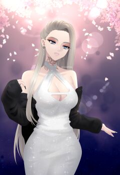 1girl absurdres breasts cleavage cleavage_cutout clothing_cutout cutout dress eushufeal flower highres hot jacket large_breasts long_hair makeup non-web_source original shine tattoo