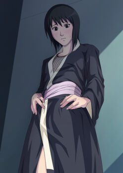 Rule 34 | 1girl, black eyes, black hair, female focus, fishnets, from below, japanese clothes, kimono, looking at viewer, naruto (classic), naruto (series), obi, sash, shizune (naruto), short hair, solo, standing, tk (tk's level4)