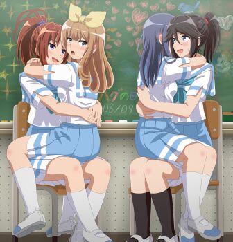 Rule 34 | 4girls, absurdres, anime coloring, arms around neck, black hair, black socks, blue eyes, blue hair, blue neckerchief, blue sailor collar, blue skirt, blush, bow, bow hairband, brown hair, chair, chalkboard, commentary request, hairband, hand on another's waist, hangaku, heart, hibike! euphonium, highres, indoors, kasaki nozomi, kenzaki ririka, kitauji high school uniform, kneehighs, liz to aoi tori, long hair, mary janes, multiple girls, nakagawa natsuki, neckerchief, on chair, open mouth, pleated skirt, ponytail, purple eyes, sailor collar, school chair, school uniform, shirt, shoes, short sleeves, sitting, sitting on lap, sitting on person, skirt, smile, socks, uwabaki, white shirt, white shoes, white socks, yellow bow, yoroizuka mizore, yoshikawa yuuko, yuri