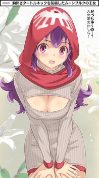 Rule 34 | 1980s (style), 1girl, blush, breasts, cleavage, cleavage cutout, clothing cutout, curly hair, dragon quest, dragon quest ii, dress, hood, imaichi, long hair, long sleeves, looking at viewer, oldschool, open-chest sweater, open mouth, princess of moonbrook, purple eyes, purple hair, retro artstyle, skirt, smile, solo, sweater, turtleneck, turtleneck sweater