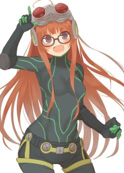 1girl aisawa_natsu arm_up belt black_bodysuit black_legwear blunt_bangs blush bodysuit elbow_gloves glasses gloves goggles goggles_on_head green_gloves hair_spread_out hand_up happy head_tilt highres long_hair open_mouth oracle_(persona_5) orange_hair persona persona_5 purple_eyes sakura_futaba simple_background smile solo_focus white_background