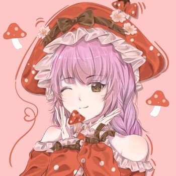 1girl bare_shoulders blunt_bangs bow braid brown_bow brown_eyes cherry_blossoms closed_mouth clothing_cutout cqmuzimian dress eyelashes flower food_print frilled_dress frilled_headwear frills glimmering_forest_(infinity_nikki) hands_on_own_cheeks hands_on_own_face hat hat_bow hat_flower hat_ornament heart heart_of_string highres infinity_nikki long_hair long_sleeves looking_at_viewer loose_hair_strand low_twin_braids motion_lines mushroom mushroom_hat mushroom_hat_ornament mushroom_print nikki_(nikki) nikki_(series) one_eye_closed pink_background pink_hair print_sleeves puffy_long_sleeves puffy_sleeves red_dress red_hat shoulder_cutout simple_background sleeve_bow sleeves_past_wrists smile solo twin_braids upper_body white_flower