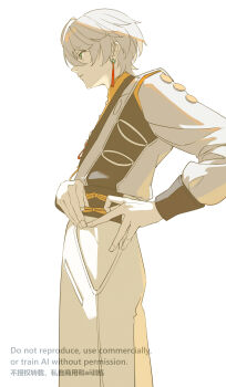 1boy absurdres adjusting_clothes ahoge bingzhen_h2o chinese_clothes commentary_request cowboy_shot earrings from_side green_eyes grey_hair grey_jacket hair_between_eyes highres jacket jewelry looking_ahead male_focus official_alternate_costume orange_shirt pants shirt short_hair simple_background solo tassel tassel_earrings white_background white_pants wise_(soaring_crane)_(zenless_zone_zero) wise_(zenless_zone_zero) zenless_zone_zero