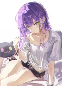 0w0 1girl arm_support bibi_(tokoyami_towa) black_shorts breasts cleavage closed_mouth collarbone demon_horns dolphin_shorts drawstring ear_piercing green_eyes green_nails grey_scrunchie hair_between_eyes hair_down hair_ornament hairclip hand_up hashtag-only_commentary heart heart_tattoo highres hololive horns lazyramen leg_tattoo long_hair looking_at_viewer midriff_peek nail_polish on_bed parallel_hairclips pet piercing pink_nails pointy_ears purple_hair scrunchie shirt short_shorts short_sleeves shorts single_bare_shoulder sitting solo_focus t-shirt tail_around_arm tattoo tokoyami_towa virtual_youtuber white_background white_shirt wrist_scrunchie