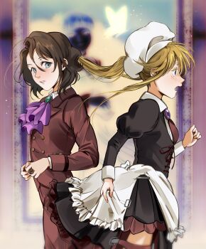 Rule 34 | 2others, absurdres, androgynous, ascot, beatrice (umineko), blonde hair, blue eyes, blush, brown hair, bug, butterfly, chest jewel, corset, cosplay, costume switch, cross-laced clothes, cross-laced corset, dress, formal clothes, frills, hat, highres, insect, inverted colors, jewelry, long hair, long sleeves, looking at viewer, maid, multiple others, necktie, open mouth, pink ascot, ponytail, portrait (object), ring, shannon (umineko), shannon (umineko) (cosplay), short hair, suit, umineko no naku koro ni, uneasywolf, ushiromiya lion, ushiromiya lion (cosplay), yasu (umineko)