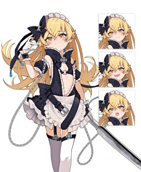 1girl :d :o absurdres alternate_costume anomarasu apron armpit_peek bare_shoulders belt bikini bikini_top_only black_bikini black_bow black_dress black_garter_straps black_sleeves blonde_hair blush_stickers bow chain collar collared_dress dress earrings fang feet_out_of_frame frilled_collar frills garter_straps gloves hair_bow highres holding holding_weapon jewelry long_hair looking_at_viewer loose_belt maid_apron maid_headdress monogatari_(series) multiple_expressions o-ring o-ring_top open_mouth oshino_shinobu puffy_sleeves skin_fang sleeveless sleeveless_dress smile standing star_(symbol) stud_earrings swimsuit thighhighs very_long_hair wavy_mouth weapon white_background white_gloves white_thighhighs yellow_eyes