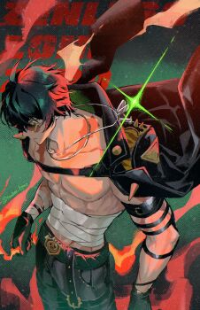 Rule 34 | 1boy, absurdres, bandaged torso, black gloves, black jacket, closed mouth, collarbone, copyright name, cowboy shot, dog tags, fire, gloves, green background, green eyes, green hair, green pants, hair over one eye, hashtag-only commentary, highres, hinatsu, jacket, jacket on shoulders, leather, leather jacket, lighter (zenless zone zero), looking at viewer, looking over eyewear, male focus, nipples, pants, pectorals, scar, scar on arm, scar on chest, short hair, solo, sparkle, spiked jacket, sunglasses, twitter username, zenless zone zero