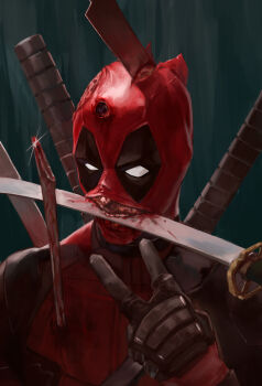 1boy absurdres arm_up blood blood_from_mouth blood_on_face bullet_hole burn_scar deadpool deadpool_(series) highres impaled injury katana male_focus marvel mask nazgul_(5511474) no_pupils scar solo sparkle superhero_costume sword sword_in_mouth sword_on_back teeth upper_body v weapon weapon_on_back white_eyes