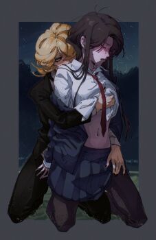 2girls black_nails black_pantyhose black_skirt blonde_hair blush breath brown_hair character_request clothes_lift collared_shirt doukyuusei_(manga) genderswap genderswap_(mtf) glasses grabbing_another&#039;s_breast groping hand_on_another&#039;s_thigh highres huffthpottery kneeling kusakabe_hikaru multiple_girls necktie night outdoors pantyhose pleated_skirt red_necktie sajou_rihito school_uniform shirt shirt_lift skirt white_shirt yuri