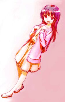 1girl alternate_hairstyle backpack bag black_eyes black_hair black_shoes boku_wa_tomodachi_ga_sukunai cardigan character_request check_character collarbone commentary_request dress full_body gradient_background hands_up highres long_hair looking_at_viewer official_artist_extra open_mouth pink_background pink_cardigan shiguma_rika shoes smile solo standing watanabe_yoshihiro white_background white_dress