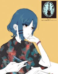 Rule 34 | 1girl, black shirt, bloom into me15, blue hair, blush, bocchi the rock!, bored, bracelet, brain, earrings, elbow on table, hair ornament, hairclip, hand on own chin, hawaiian shirt, highres, holding, holding pen, inset, jewelry, looking to the side, mole, mole under eye, motion lines, orange background, parted lips, pen, pen spinning, shirt, short hair, short sleeves, simple background, solo, stud earrings, table, translation request, upper body, yamada ryo, yellow eyes