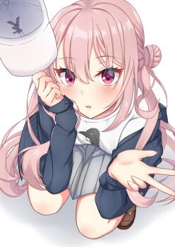 Rule 34 | 1girl, axl11hikari, baseball cap, black jacket, blush, brown shoes, commentary request, eyelashes, eyes visible through hair, floating hair, from above, full body, grey skirt, hair between eyes, hair bun, hands up, harumi ena, hat, highres, holding, holding unworn clothes, holding unworn hat, jacket, limelight lemonade jam, long hair, looking at viewer, miniskirt, open clothes, open jacket, open mouth, penguin print, pink hair, pleated skirt, print shirt, red eyes, shirt, shoes, simple background, single side bun, skirt, sleeves past wrists, solo, squatting, unworn hat, unworn headwear, upturned eyes, v, very long hair, white background, white hat, white shirt