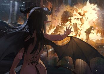 1girl black_hair ddal demon_girl fire from_behind horns nude original pointy_ears road street tail wings