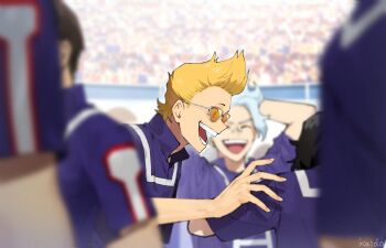 4boys aizawa_shota artist_name audience bandaid bandaid_on_face bandaid_on_nose blonde_hair blue_hair blurry blurry_foreground boku_no_hero_academia character_request commentary eyes_visible_through_eyewear kaido_(kaido_ggg) looking_at_another male_focus multiple_boys orange-tinted_eyewear present_mic short_hair smile teeth tinted_eyewear u.a._gym_uniform