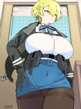 1girl belt belt_pouch black_belt black_jacket black_leggings blonde_hair blue_eyes blue_skirt blurry blurry_background boca bow bowtie breasts flower girls'_frontline hair_flower hair_ornament huge_breasts jacket leggings low_angle police police_uniform policewoman pouch shirt short_hair skirt solo striped_bow striped_bowtie striped_clothes thick_thighs thighs vsk-94_(girls'_frontline) white_shirt