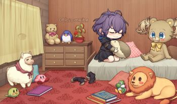 2girls bed bernadetta_von_varley blonde_hair character_doll chibi chibi_only commission doll fire_emblem fire_emblem:_three_houses fire_emblem_awakening garreg_mach_monastery_uniform kirby lissa_(fire_emblem) multiple_girls nintendo pillow purple_hair shg_(hiomaika) stuffed_animal stuffed_lion stuffed_toy teddy_bear yoshi