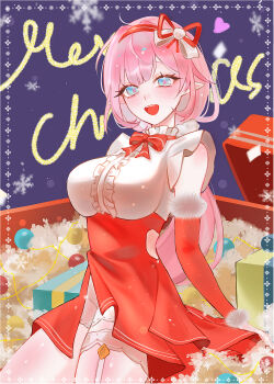 1girl absurdres ball breasts commentary dress elf elysia_(honkai_impact) garter_straps hairband highres honkai_(series) honkai_impact_3rd large_breasts long_hair merry_christmas open_mouth pink_hair pointy_ears red_dress red_hairband smile solo ssamsa0404 thighs very_long_hair white_garter_straps