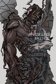 1boy absurdres antennae arthropod_boy arthropod_limbs belt black_belt black_eyes black_hair black_pants black_vest brown_eyes buckle bug claws cockroach cockroach_boy collared_shirt compound_eyes facial_hair formal_clothes glasses gregor's_cockroach_(project_moon) gregor_(project_moon) grey_background highres horror_(theme) insect insect_wings jitome korean_commentary limbus_company looking_ahead male_focus monster monster_boy muscular muscular_male mutation necktie pants parted_bangs photoshop_(medium) ponytail project_moon red_necktie sanpaku shirt simple_background solo spoilers standing stubble suit the_roach_emperor transformation user_vdfv8273 veins vest white_shirt wings