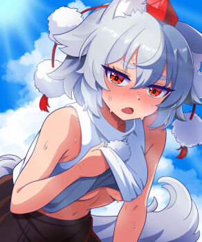 1girl animal_ear_fluff animal_ears bare_shoulders blue_sky breasts clothes_lift cloud cloudy_sky commentary cumulonimbus_cloud duplicate hat highres hot inubashiri_momiji kisaragi_koushi kuso_atsui_(meme) looking_at_viewer meme navel no_bra open_mouth pixel-perfect_duplicate pom_pom_(clothes) red_eyes shirt shirt_lift sky sleeveless sleeveless_shirt solo stomach sweat sweatdrop tail tokin_hat touhou underboob very_sweaty white_shirt wolf_ears wolf_girl wolf_tail
