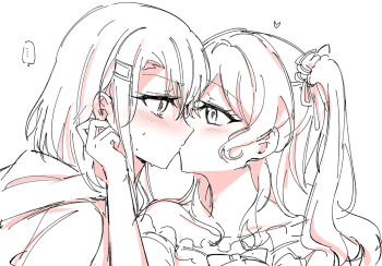 ... 2girls bang_dream! blush dress ear_blush eye_contact hand_on_another's_face heart hood hoodie kiss looking_at_another matsubara_kanon monochrome multiple_girls okusawa_misaki opi side_ponytail spoken_ellipsis sweat yuri