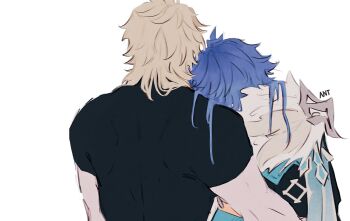 2boys antkyst black_shirt blonde_hair blue_hair cape commentary flins_(genshin_impact) from_behind fur_trim genshin_impact head_on_another&#039;s_shoulder highres male_focus multiple_boys shirt short_sleeves simple_background symbol-only_commentary upper_body varka_(genshin_impact) white_background white_fur