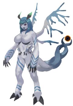 1girl absurdres alien antennae blue_hair breasts claws colored_skin commentary_request extra_arms full_body hair_intakes highres medium_breasts monster_girl narisokonai no_nipples no_pussy open_mouth orb original purple_eyes smile solo tail white_skin wings