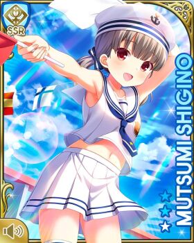 Rule 34 | 1girl, :d, armpits, blue bow, blue necktie, bow, brown hair, card (medium), day, flag, girlfriend (kari), hair ornament, hat, looking at viewer, midriff peek, navel, necktie, ocean, official art, open mouth, outdoors, pleated skirt, qp:flapper, red eyes, sailor collar, sailor hat, sailor shirt, shigino mutsumi, ship, shirt, short twintails, silver hair, skirt, sky, smile, socks, solo, twintails, watercraft, white shirt, white skirt