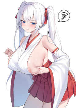 1girl alexmaster areola_slip blue_eyes blush breasts commentary_request detached_sleeves hakama huge_breasts japanese_clothes long_hair looking_at_viewer miko original red_hakama simple_background solo twintails white_background white_hair white_sleeves