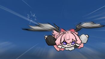 1girl :3 commentary encore_(wuthering_waves) english_commentary highres lennykaise looking_ahead motion_blur motion_lines pink_hair purple_eyes solo speed_lines wind_glider wings wuthering_waves