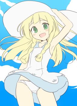 1girl :d arm_up armpits blonde_hair blue_sky blush braid clothes_lift cloud cowboy_shot curakuru double-parted_bangs dress dress_lift gluteal_fold green_eyes hand_on_headwear hat highres lillie_(pokemon) long_hair looking_at_viewer low_twin_braids nintendo open_mouth outdoors panties pantyshot pokemon pokemon_sm short_dress sidelocks sky sleeveless sleeveless_dress smile solo twin_braids underwear white_hat white_panties wind wind_lift
