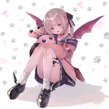 1girl :d armband bag belt_collar black_shoes blue_ribbon blue_sailor_collar blue_skirt blush collar colored_inner_hair convenient_leg debitto_(makaino_ririmu) demon_wings drill_hair fangs full_body furrowed_brow grey_hair hair_intakes hair_over_shoulder hair_ribbon handbag heart hugging_doll hugging_object jacket knees_together_feet_apart knees_up leg_tattoo long_hair looking_at_viewer loose_socks makaino_ririmu makaino_ririmu_(4th_costume) miniskirt multicolored_hair nijisanji off_shoulder on_floor open_clothes open_jacket open_mouth pink_hair pink_jacket pink_streaks platform_shoes pleated_skirt pointy_ears red_bag red_collar red_eyes red_wings ribbon sailor_collar school_uniform serafuku shirt shoes shoulder_bag sidelocks sitting skirt sleeves_past_fingers sleeves_past_wrists smile socks solo streaked_hair stuffed_animal stuffed_rabbit stuffed_toy suzuho_hotaru tattoo two-tone_hair two_side_up virtual_youtuber white_background white_shirt white_socks winged_heart winged_heart_tattoo winged_shoes wings