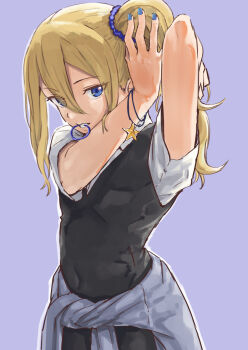 1girl aiueonesan_(umanaminoatama) blonde_hair blue_eyes blue_nails dress eyes_visible_through_hair hair_between_eyes hair_tie_in_mouth hayasaka_ai highres kaguya-sama_wa_kokurasetai_~tensai-tachi_no_renai_zunousen~ long_hair looking_at_viewer mouth_hold pinafore_dress school_uniform shirt short_sleeves shuuchiin_academy_school_uniform side_ponytail sleeveless sleeveless_dress solo teeth tying_hair white_shirt