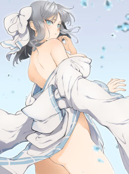 1girl armpit_crease ass bare_shoulders blue_background blue_eyes blush body_blush bow breasts cryokinesis gradient_background grey_hair groin hair_bow ice japanese_clothes kimono kinako_(mzknk0) large_breasts looking_at_viewer looking_back low_neckline no_panties obi revealing_clothes ribbon-trimmed_kimono ribbon_trim sash senran_kagura senran_kagura_shinovi_versus shiny_skin short_hair shoulder_blades sideboob solo standing striped_bow white_bow white_kimono wide_sleeves yumi_(senran_kagura)