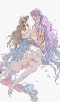 1boy 1girl armlet bare_shoulders blue_dress blue_shoes brown_hair chaoxibumian couple crystal_feet dress fins fish_tail full_body gold_armlet hand_on_another's_cheek hand_on_another's_face head_fins hetero highres jewelry long_hair looking_at_another love_and_deepspace merman monster_boy off-shoulder_dress off_shoulder official_alternate_costume official_alternate_hair_length official_alternate_hairstyle parted_bangs parted_lips protagonist_(love_and_deepspace) purple_hair rafayel_(love_and_deepspace) shoes starfish tail thighhighs wavy_hair white_background white_dress white_thighhighs zettai_ryouiki