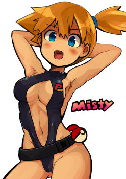 1girl :d armpits arms_behind_head arms_up asymmetrical_hair belt black_belt black_one-piece_swimsuit blue_eyes blush breasts cameltoe center_opening cleavage clothing_cutout covered_erect_nipples gluteal_fold hair_tie highleg looking_at_viewer medium_breasts misty_(pokemon) navel nintendo one-piece_swimsuit open_mouth orange_hair poke_ball poke_ball_(basic) pokemon pokemon:_the_electric_tale_of_pikachu pokemon_(anime) pokemon_(classic_anime) pokemon_rgby ponytail short_hair side_ponytail slingshot_swimsuit smile solo standing swimsuit tenteco_(covamin)