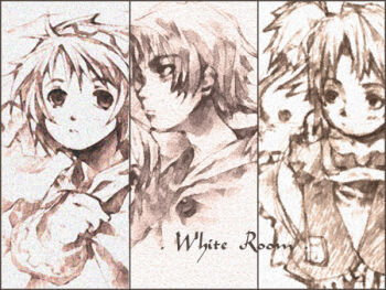 apron archived_source bad_link brown_theme closed_mouth column_lineup dress english_text jang_sun-yeong leaning_forward light_frown long_sleeves looking_to_the_side lowres monochrome original paper_texture short_hair short_twintails sidelocks simple_background sleeve_cuffs straight_hair twintails upper_body wide_sleeves