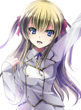 1girl :d arm_up blonde_hair blue_eyes blue_ribbon collared_shirt discharge_view female_focus floating_hair grey_jacket hair_between_eyes hair_ribbon highres jacket joukamachi_no_dandelion long_hair long_sleeves looking_at_viewer neck_ribbon open_mouth red_ribbon ribbon sakurada_hikari shirt simple_background smile solo standing two_side_up upper_body very_long_hair white_background wing_collar