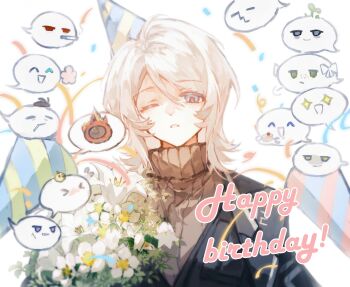 1girl blue_eyes bouquet brown_sweater commentary_request confetti dante_(limbus_company) don_quixote_(project_moon) faust_(project_moon) flower gregor_(project_moon) happy_birthday hat heathcliff_(project_moon) highres holding holding_bouquet hong_lu_(project_moon) ishmael_(project_moon) limbus_company looking_at_viewer medium_hair meursault_(project_moon) one_eye_closed outis_(project_moon) parted_lips party_hat project_moon rodion_(project_moon) ryoshu_(project_moon) sinclair_(project_moon) solo standing sweater turtleneck turtleneck_sweater upper_body white_background white_flower white_hair yi_sang_(project_moon) yuemiao
