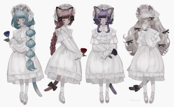 4girls animal_ear_fluff animal_ears bell_sleeves black_flower blue_eyes blue_flower blue_hair bonnet bow braid cat_ears cat_girl cat_tail dress flower frilled_bonnet frilled_dress frilled_sleeves frills full_body hair_bow holding holding_flower long_hair looking_at_viewer m_insomnia23 multiple_girls multiple_hair_bows one_eye_closed original purple_eyes purple_hair red_eyes red_flower red_hair scar scar_across_eye scar_on_face shoes short_hair short_hair_with_long_locks simple_background single_braid tail tail_bow tail_ornament white_background white_bonnet white_dress white_eyes white_flower white_hair white_shoes