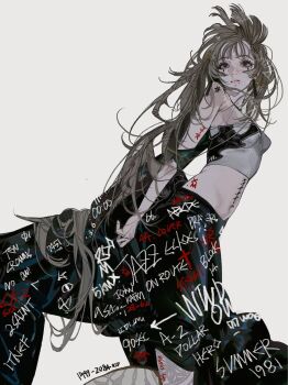 1girl black_eyes breasts commentary crop_top facial_mark grey_hair highres john_kafka long_hair medium_breasts mole mole_under_mouth original simple_background solo stitches stomach symbol-only_commentary teardrop_facial_mark very_long_hair white_background