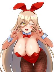 Rule 34 | 1girl, :3, animal ears, blonde hair, bow, bowtie, breasts, brown pantyhose, detached collar, double v, fake animal ears, fishnet pantyhose, fishnets, goriate, highres, large breasts, leotard, long hair, nijisanji, nui sociere, one eye closed, pantyhose, playboy bunny, rabbit ears, red bow, red bowtie, red leotard, simple background, smile, solo, strapless, strapless leotard, v, virtual youtuber, white background, wrist cuffs, yellow eyes