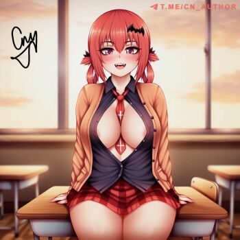 1girl absurdres bat_symbol blush breasts breasts_out chair cn_author desk gabriel_dropout highres hip_focus looking_at_viewer no_bra open_mouth red_eyes red_hair red_skirt satanichia_kurumizawa_mcdowell school school_chair school_desk school_uniform sitting sitting_on_table skirt smile solo window