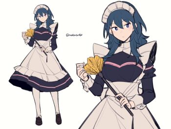 1girl alternate_costume apron black_dress blue_eyes blue_hair brown_footwear female_byleth_(fire_emblem) do_m_kaeru dress duster enmaided expressionless feather_duster female_focus fire_emblem fire_emblem:_three_houses full_body hair_between_eyes holding holding_duster long_hair long_sleeves looking_at_viewer maid maid_headdress nintendo pantyhose shoes simple_background twitter_username waist_apron white_apron white_background white_pantyhose