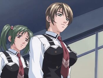 00s 2002 2girls animated animated_gif bible_black bible_black_gaiden bow bowtie breasts brown_hair green_eyes green_hair morita_rie multiple_girls necktie school school_uniform shido_saki shirt short_hair smile suspenders tagme twintails walking white_shirt