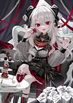 1girl absurdres armchair ascot black_bow black_skirt bow breasts cape chair cleavage commentary crossed_legs curtains fangs flower food fork frilled_skirt frills frozen_yakan fruit genderswap genderswap_(mtf) hair_bow high-waist_skirt highres holding holding_fork long_hair long_sleeves looking_at_viewer mole mole_under_eye nail_polish nijisanji pointy_ears red_ascot red_cape red_eyes red_nails red_ribbon ribbon rose sanya_(1st_costume)_(kuzuha) sanya_(kuzuha) sitting skirt smile solo strawberry table two_side_up virtual_youtuber white_flower white_hair white_rose