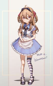 Rule 34 | 1girl, ahoge, alice (alice in wonderland), alice (alice in wonderland) (cosplay), apron, asymmetrical legwear, bandaid, bandaid on knee, bandaid on leg, black bow, black shoes, blue bow, blue bowtie, blue dress, blue eyes, bow, bowtie, brown hair, closed mouth, collared dress, commentary, cosplay, dress, full body, hair between eyes, hair bow, hair ornament, hair ribbon, heart, heart hair ornament, highres, long hair, looking at viewer, neuro-sama, red ribbon, ribbon, shaieq0, shoes, short sleeves, single sock, single thighhigh, smile, socks, solo, striped clothes, striped socks, striped thighhighs, thighhighs, twitter username, two side up, uneven legwear, untranslatable commentary, vedal ai, virtual youtuber, white apron